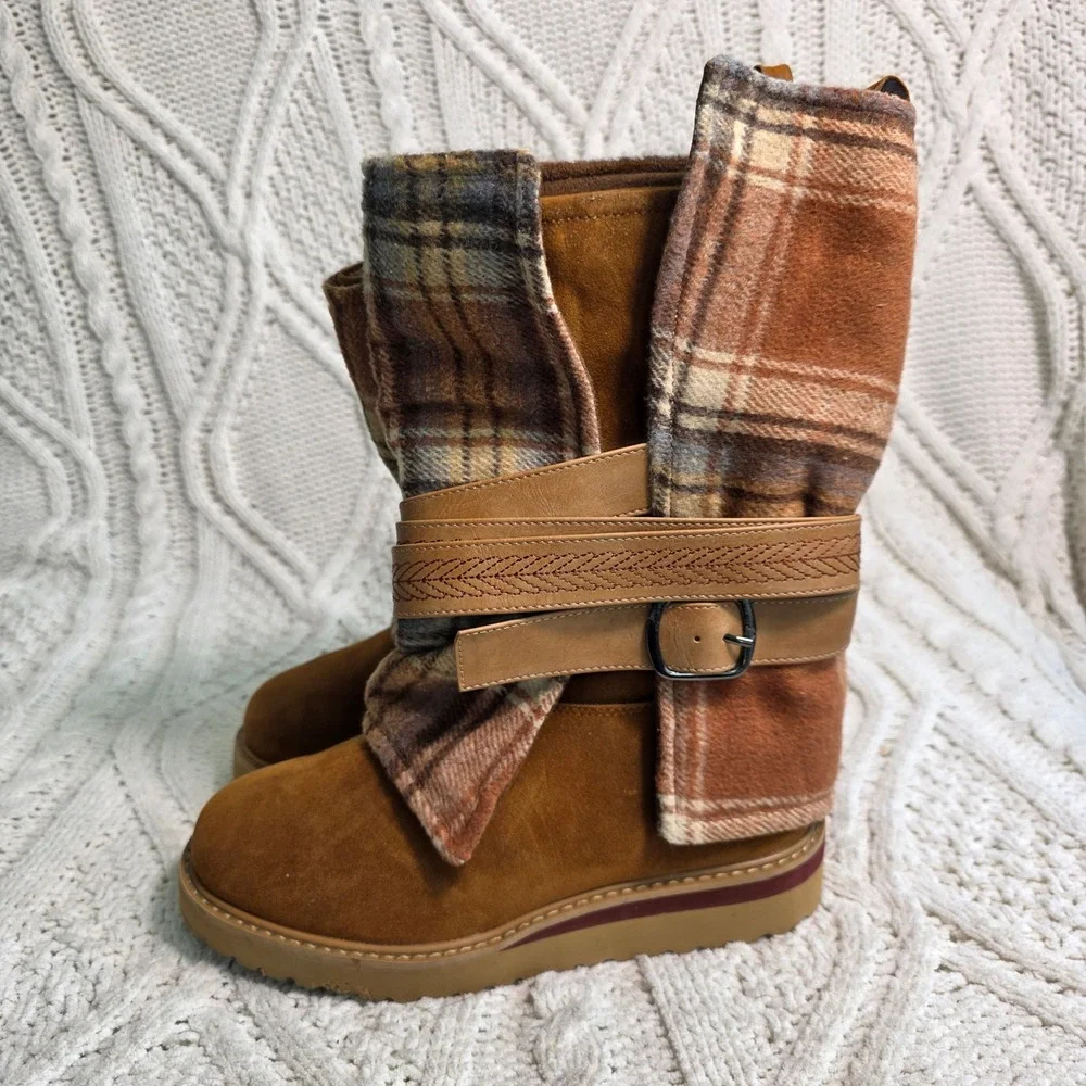 Muk Luks Mid Calf Boots Brown Plaid Flannel Suede Wrap Strap Womens 6 Wide New